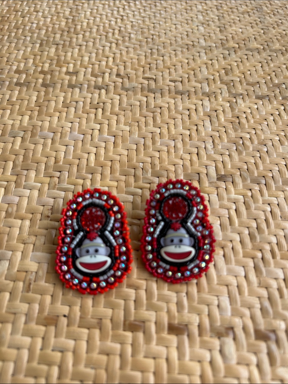 Red Beaded Sock Monkey Earrings